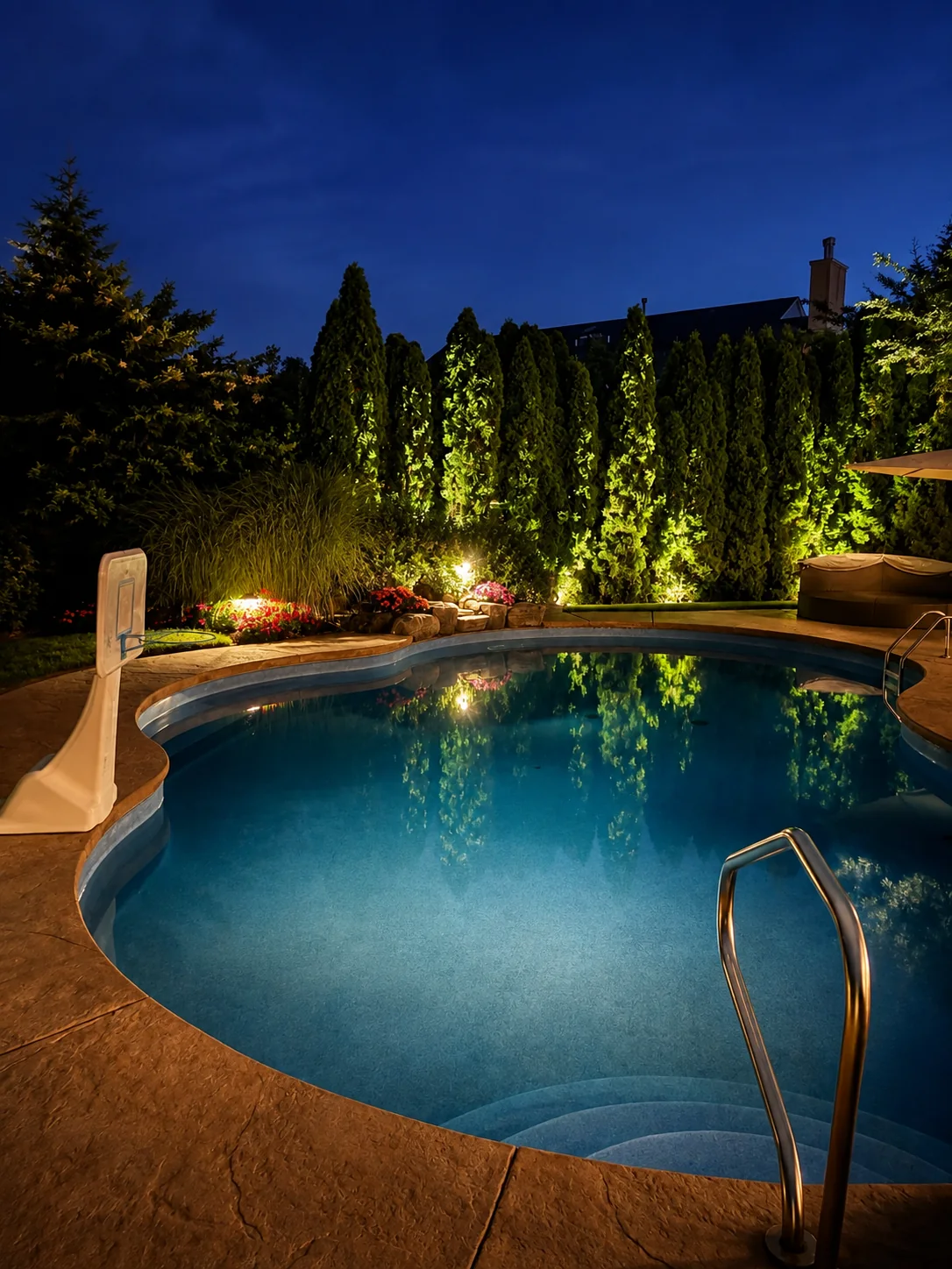 Pool and landscaping illuminated at night